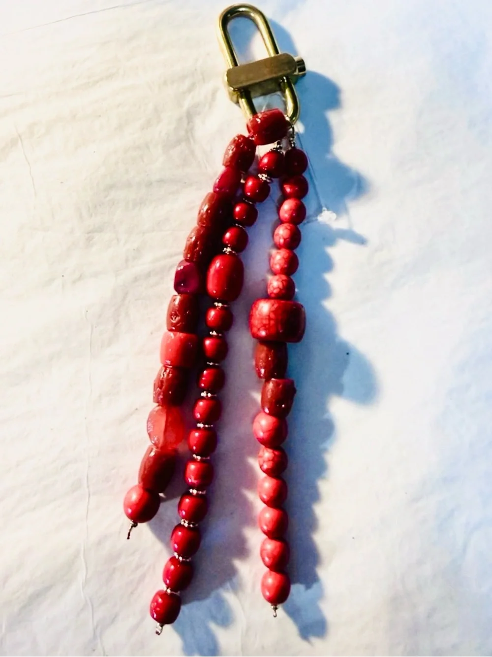 Free People Prismatic Beaded Bag Charm Keychain Red Semi Precious & Brass Clasp